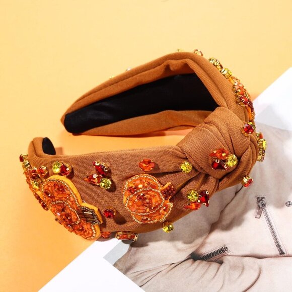 Thanksgiving Headband Beaded Pumpkin Knotted Wide Fall Hair Accessory